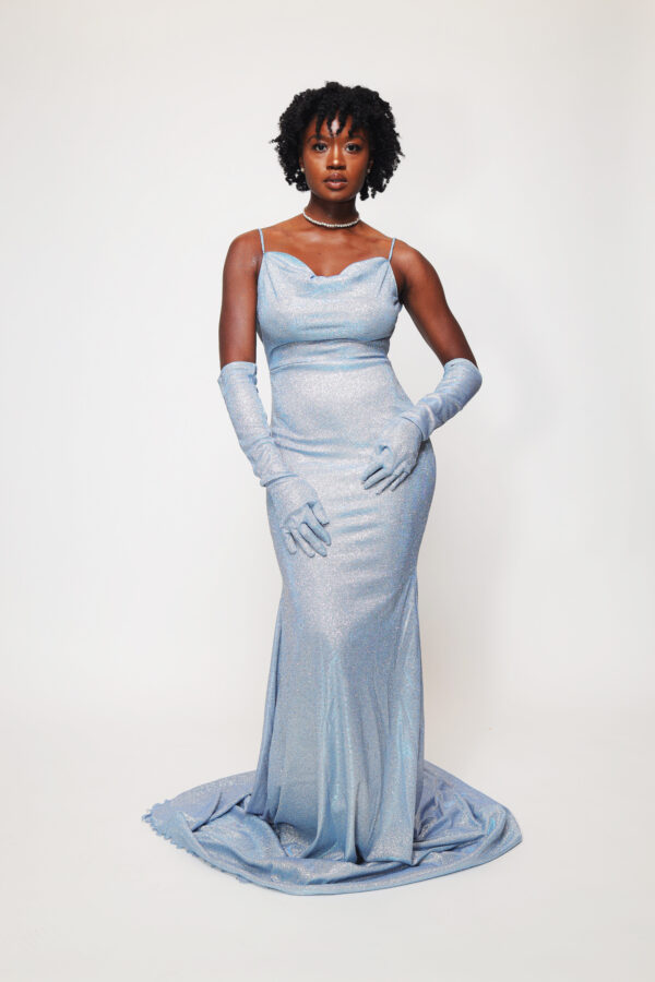 Blue Glitter Embedded Evening Gown