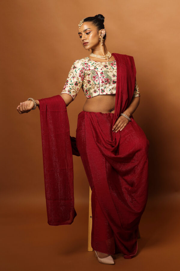 Glitter Embroidered Maroon Saree with Embroidered Blouse