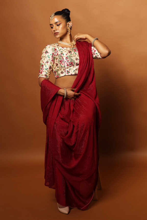 Glitter Embroidered Maroon Saree with Embroidered Blouse - Image 2