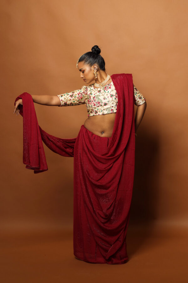 Glitter Embroidered Maroon Saree with Embroidered Blouse - Image 3