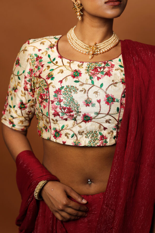 Glitter Embroidered Maroon Saree with Embroidered Blouse - Image 4