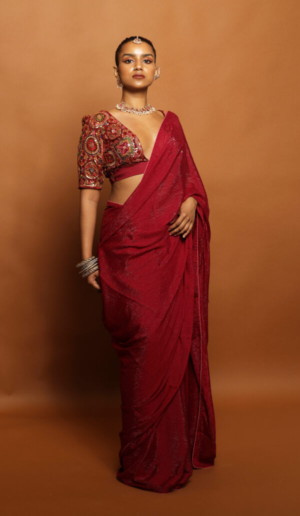 Maroon Silk Georgette Saree with Embroidered Blouse - Image 2