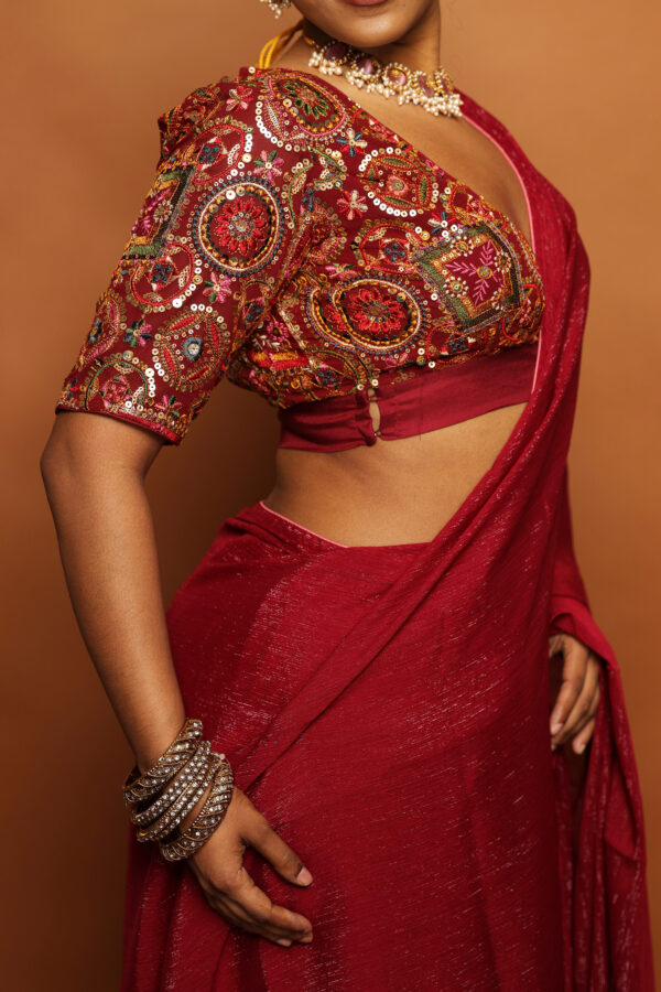 Maroon Silk Georgette Saree with Embroidered Blouse - Image 3