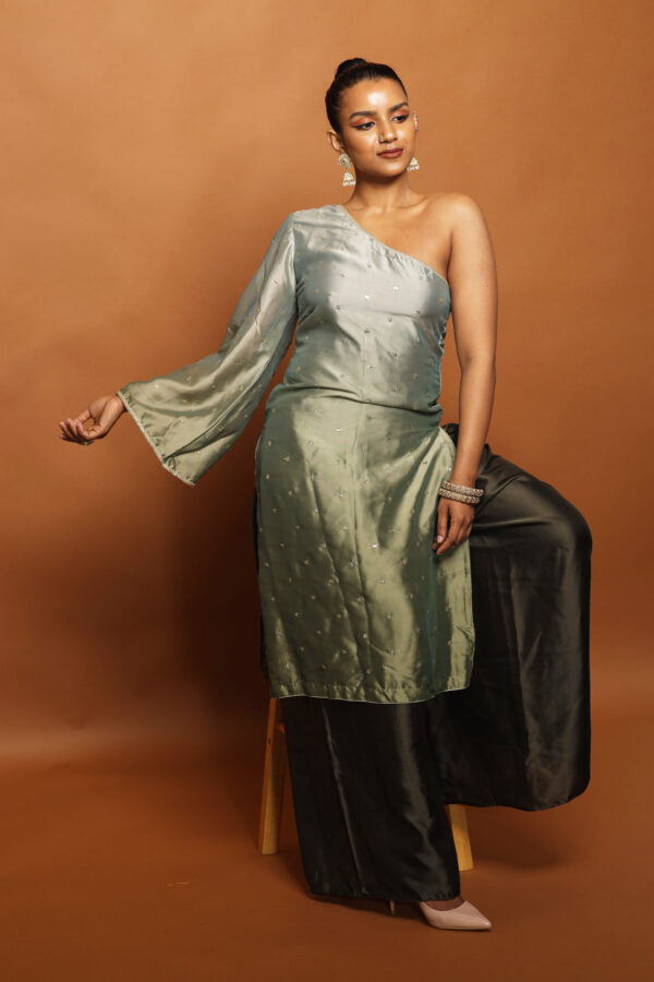 Ombre Sage Green One Shoulder Kameez with Palazzo Pants