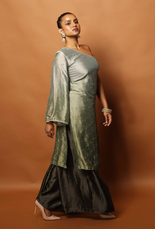 Ombre Sage Green One Shoulder Kameez with Palazzo Pants - Image 4