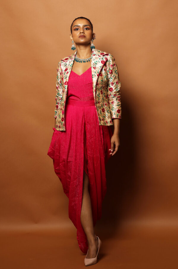 Glitter Embedded Hot Pink Dhuti Set with Embroidered Blazer