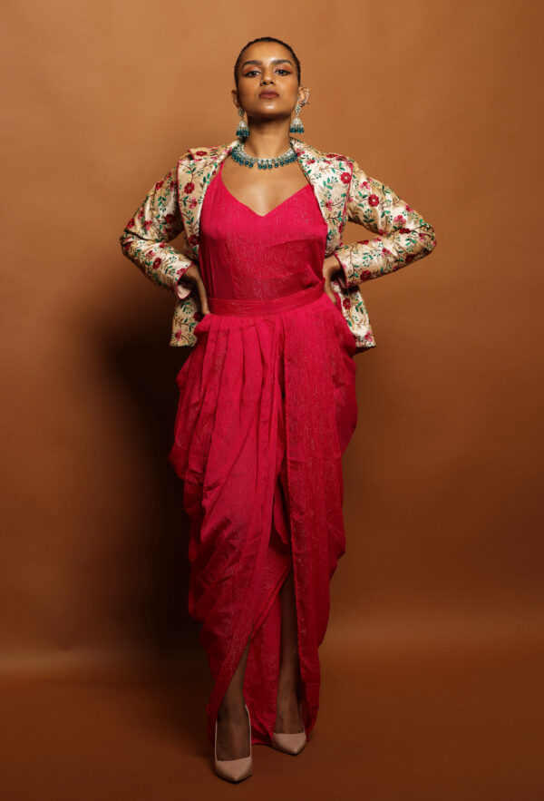 Glitter Embedded Hot Pink Dhuti Set with Embroidered Blazer - Image 3